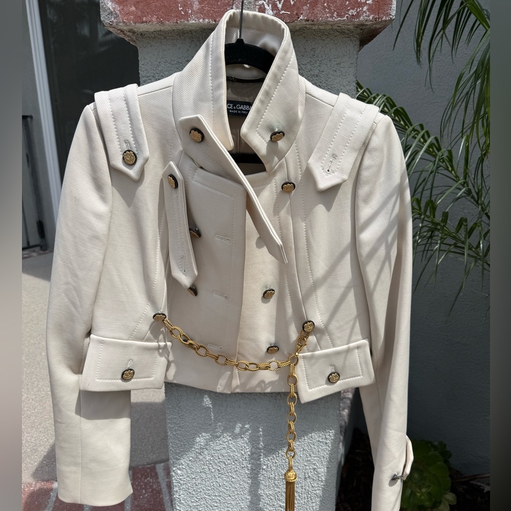 Dolce & Gabbana Ivory Cropped Military-Style Jacket w/Gold Buttons & Gold Chain